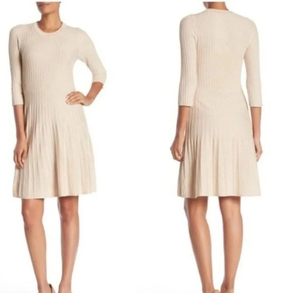Nanette Lepore Women Champagne 3/4 Length Sleeve Ribbed Knit Dress Size S
